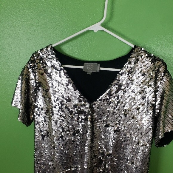 Anthropologie Vanessa Virginia Trendy Silver Sequin Short Sleeve Shirt Size  XS - Picture 6 of 10